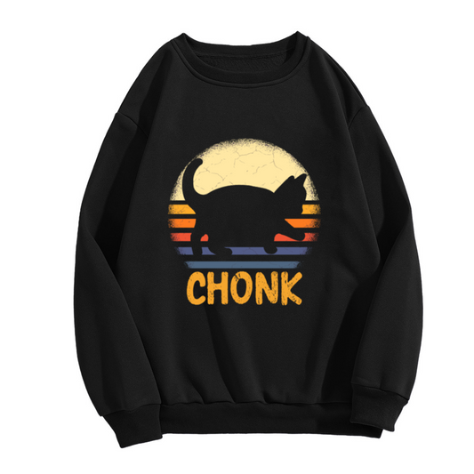 Chonk Retro Sunset Cat Silhouette Crewneck Sweatshirt | Funny 70s Vintage Fat Cat Graphic Pullover, Cat Lover Gift Top