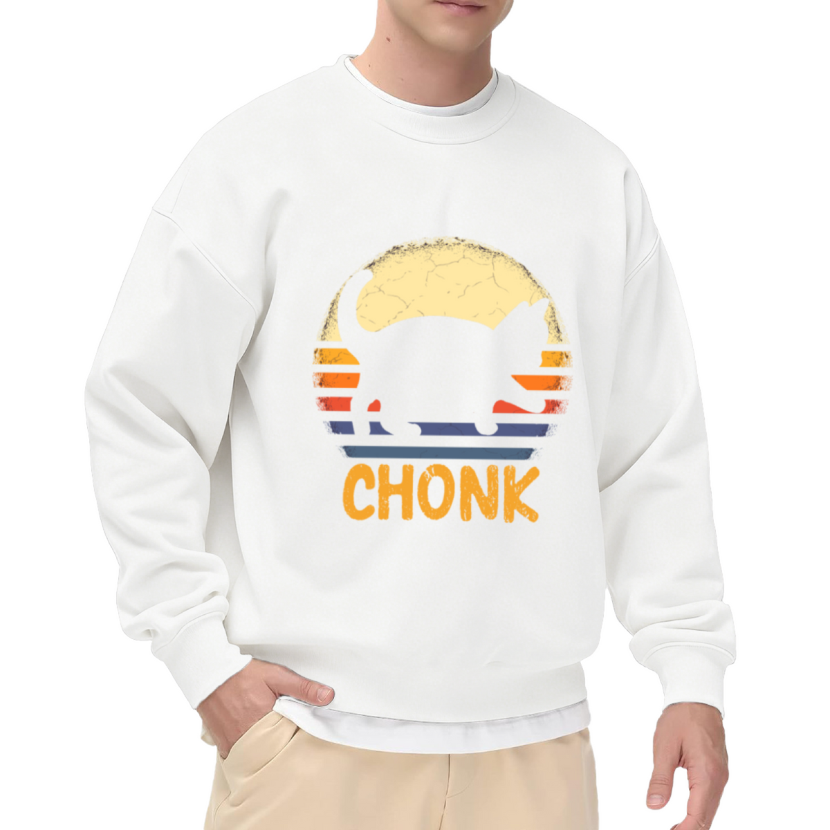 Chonk Retro Sunset Cat Silhouette Crewneck Sweatshirt | Funny 70s Vintage Fat Cat Graphic Pullover, Cat Lover Gift Top