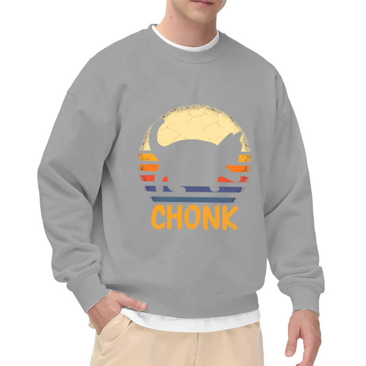 Chonk Retro Sunset Cat Silhouette Crewneck Sweatshirt | Funny 70s Vintage Fat Cat Graphic Pullover, Cat Lover Gift Top