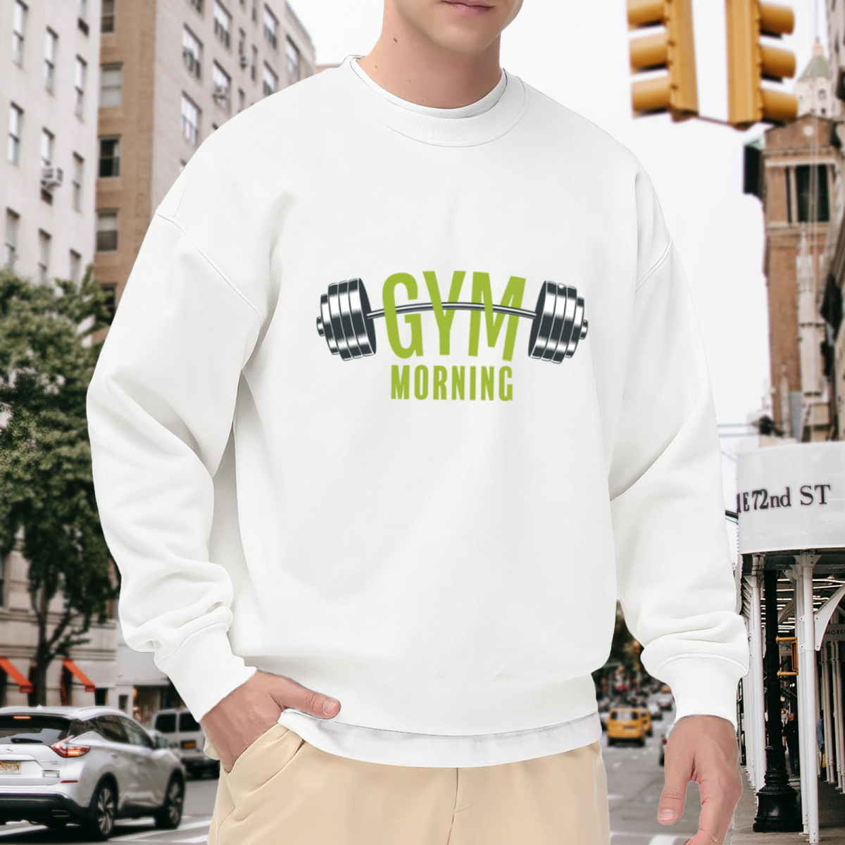 Gym Morning Barbell Weight Fitness Crewneck Sweatshirt | Morning Workout Motivation Pullover, Gym Gift