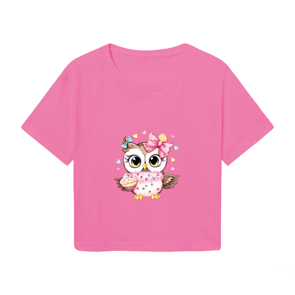 Kawaii Cupcake Bow Owl Cute Hot Pink Y2K  Tee
