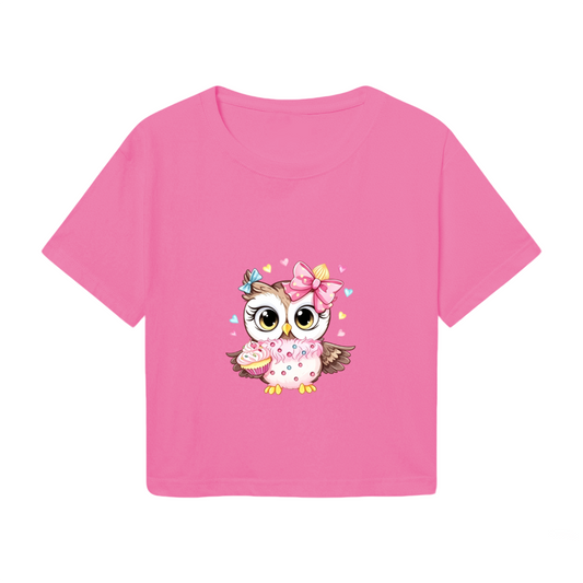 Kawaii Cupcake Bow Owl Cute Hot Pink Y2K  Tee
