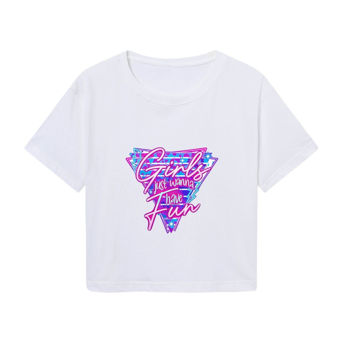 Girls Just Wanna Have Fun Retro Y2K White Crop Tee ¨C 80s Disco Party Top