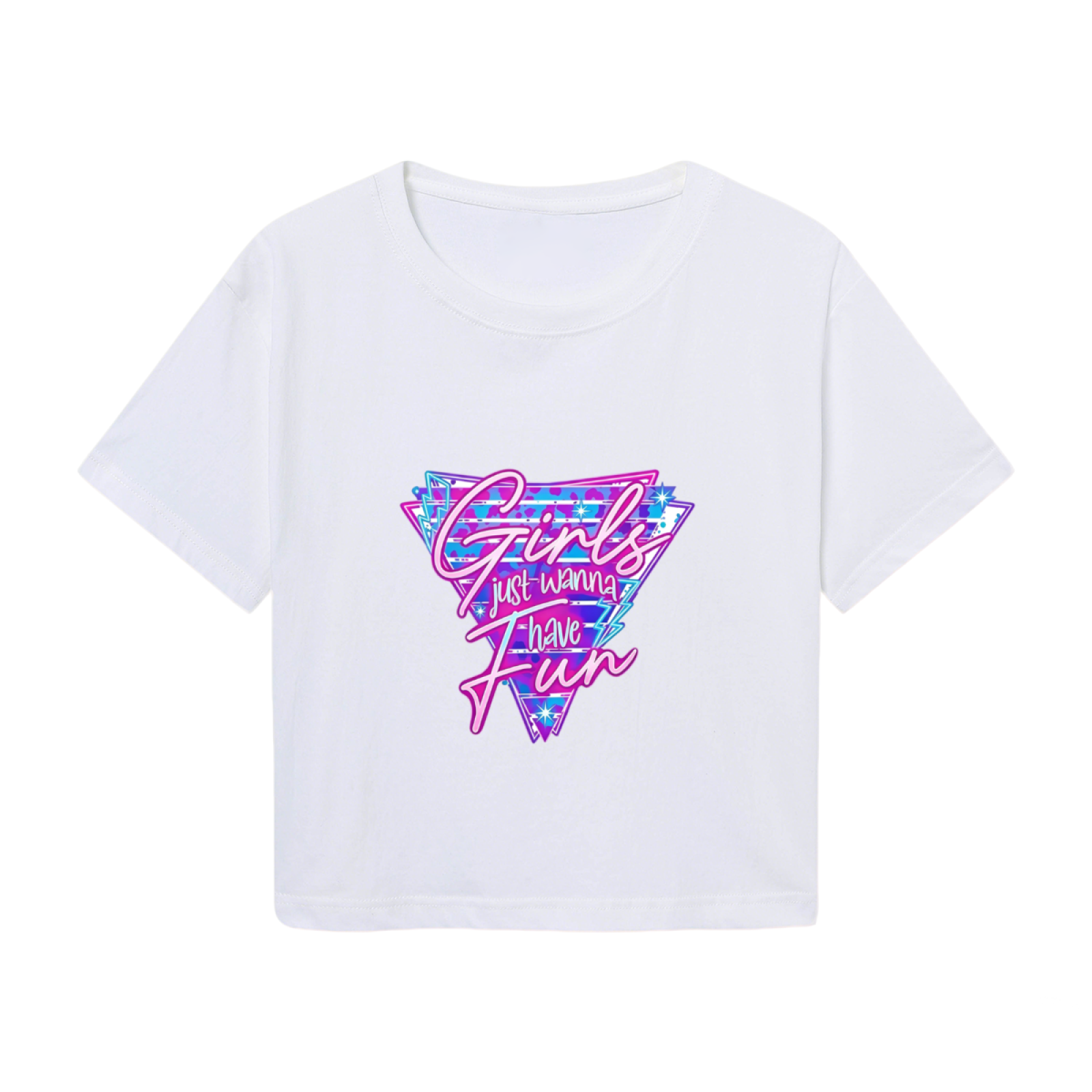 Girls Just Wanna Have Fun Retro Y2K White Crop Tee ¨C 80s Disco Party Top