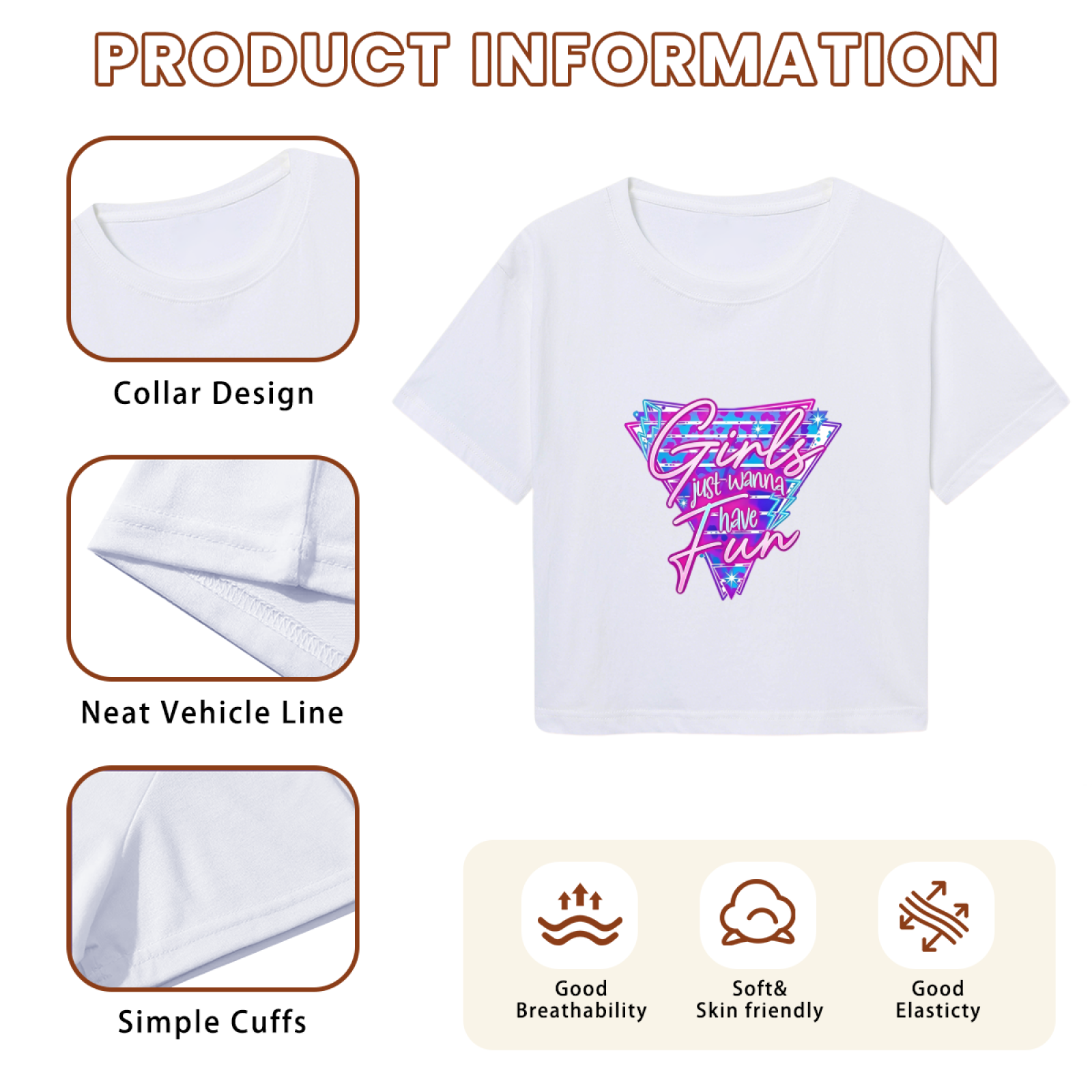 Girls Just Wanna Have Fun Retro Y2K White Crop Tee ¨C 80s Disco Party Top