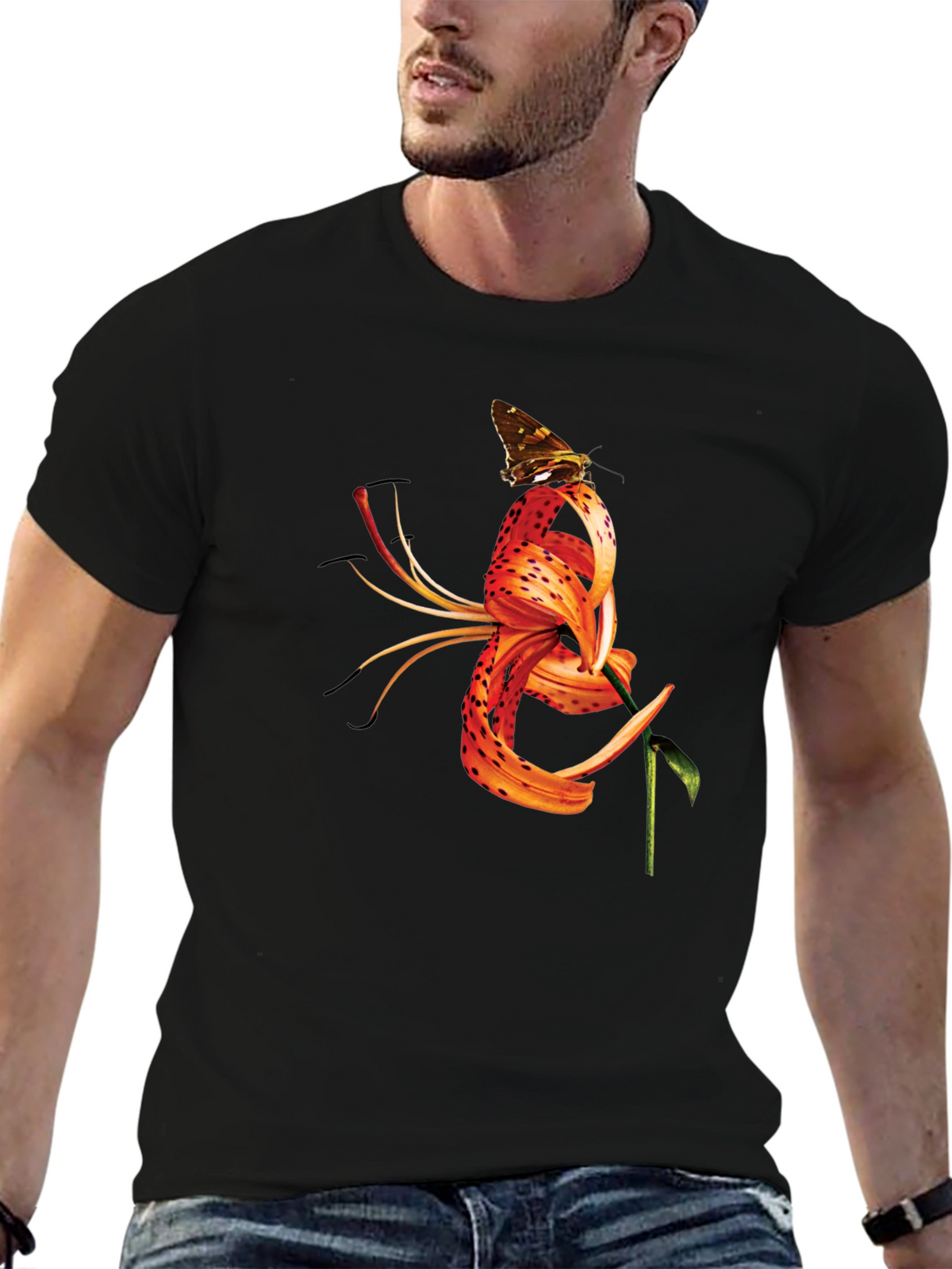 Butterfly Tiger Lily Graphic Black Tee
