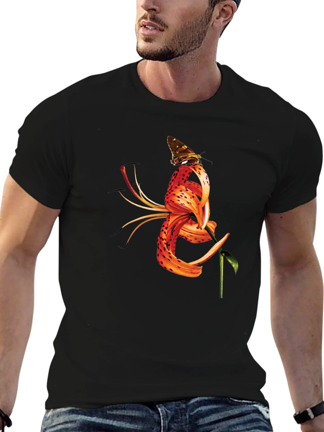 Butterfly Tiger Lily Graphic Black Tee