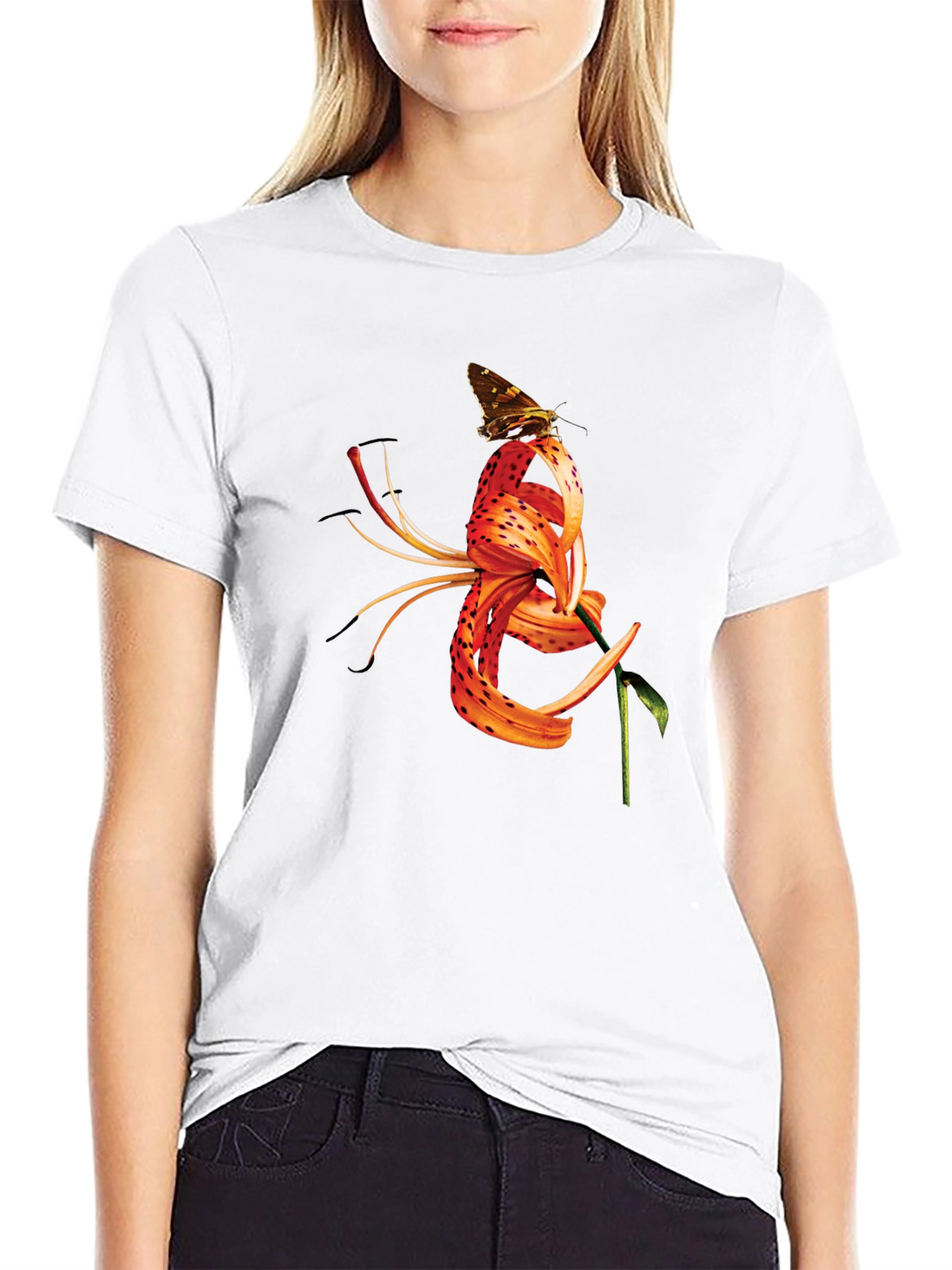 Butterfly Tiger Lily Graphic Black Tee