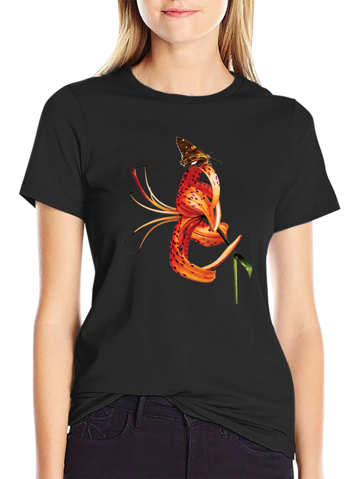 Butterfly Tiger Lily Graphic Black Tee