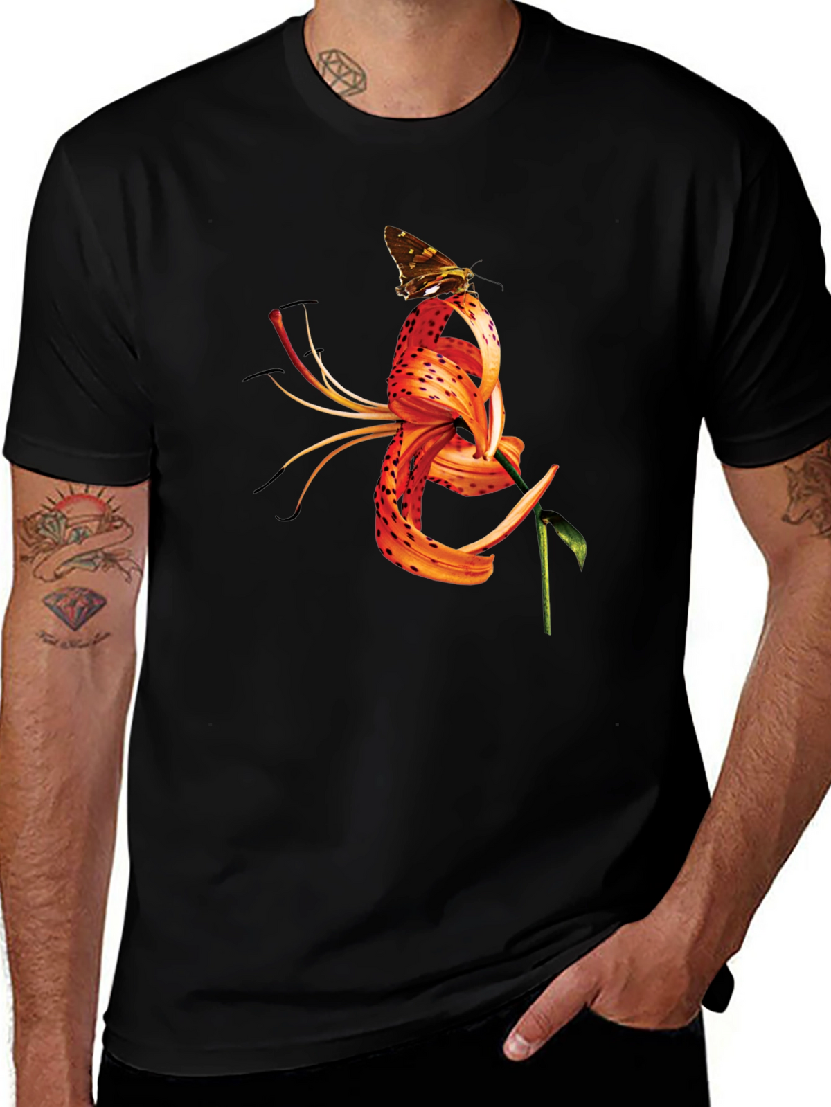 Butterfly Tiger Lily Graphic Black Tee