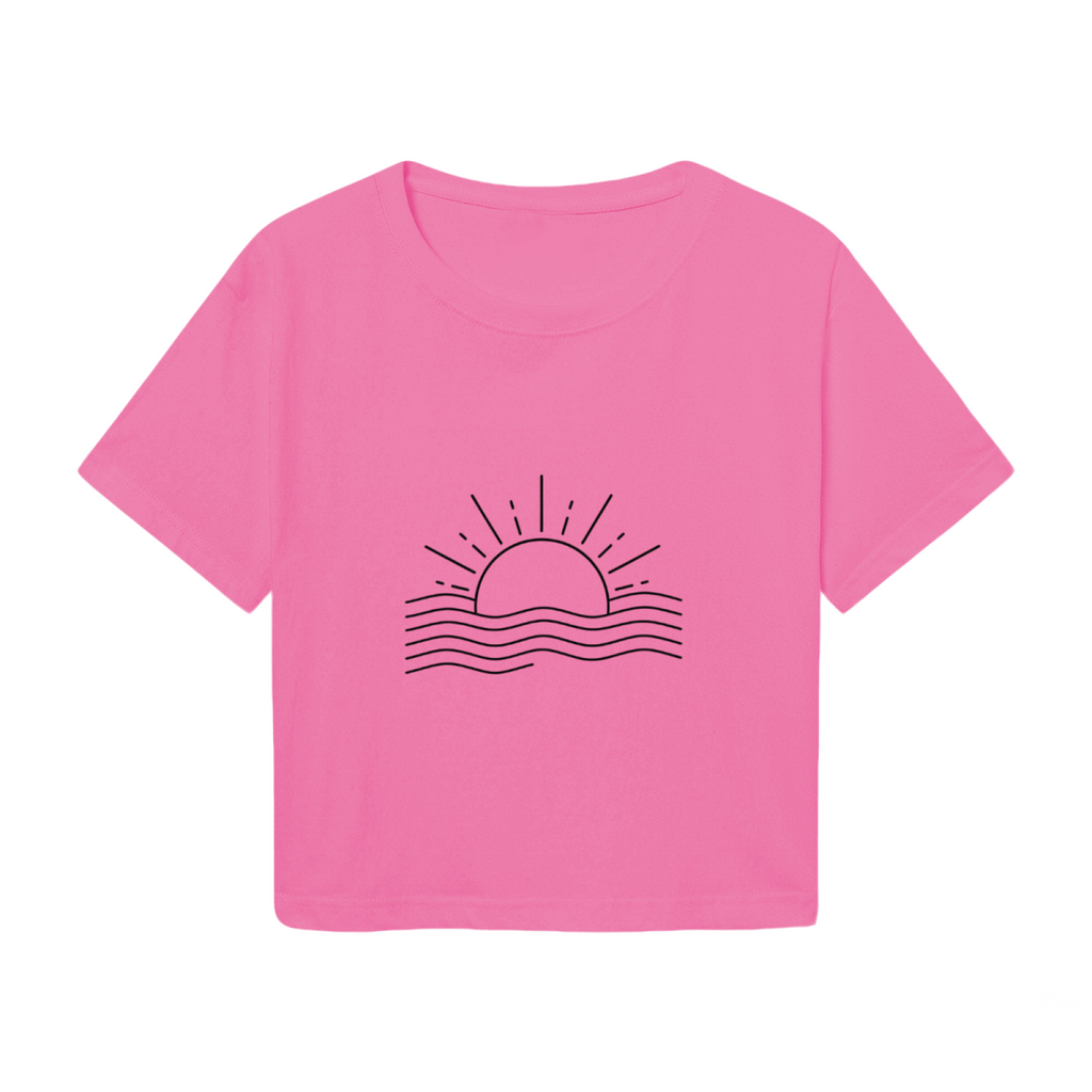 Minimal Sunset Ocean Wave Line Art Pink Crop Top