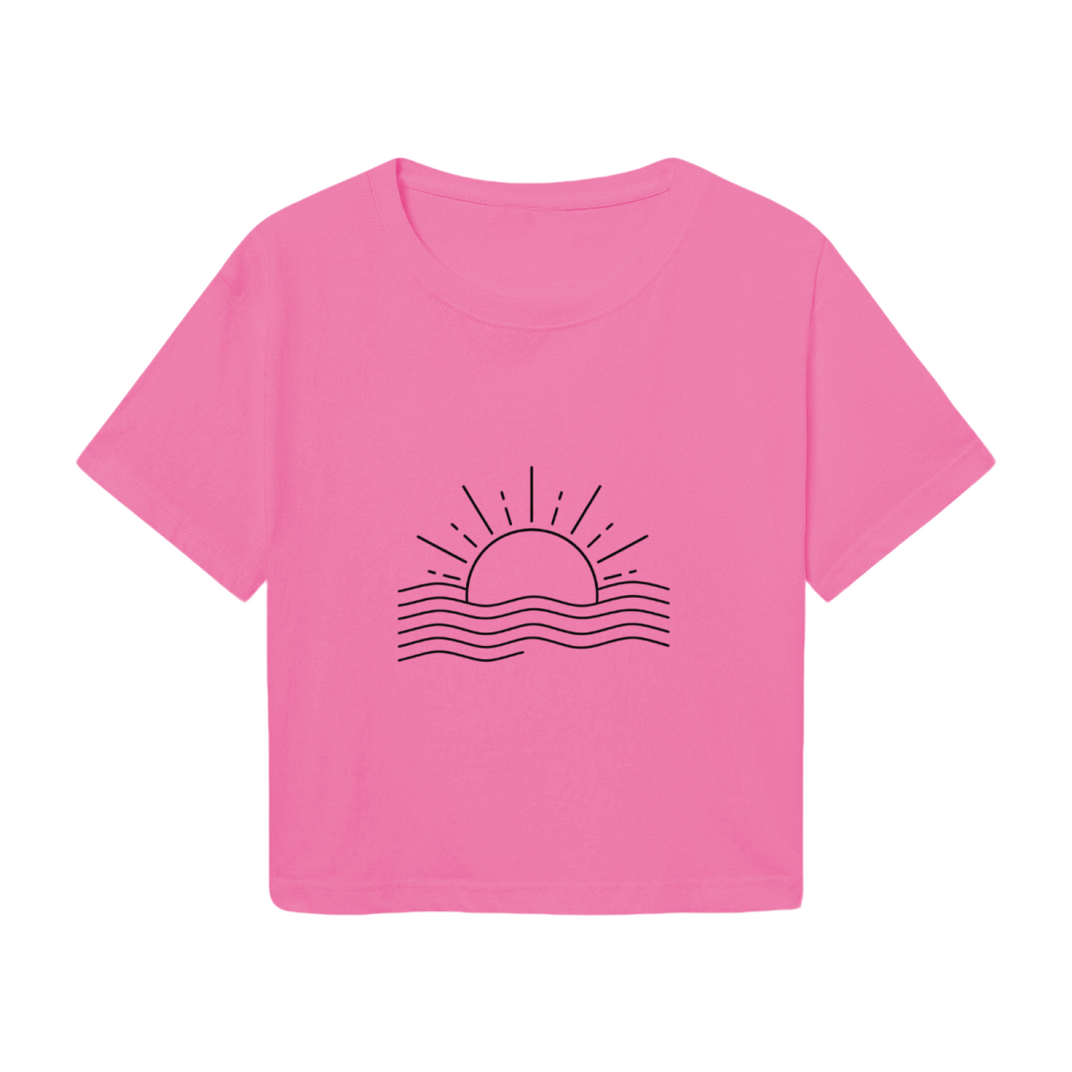 Minimal Sunset Ocean Wave Line Art Pink Crop Top