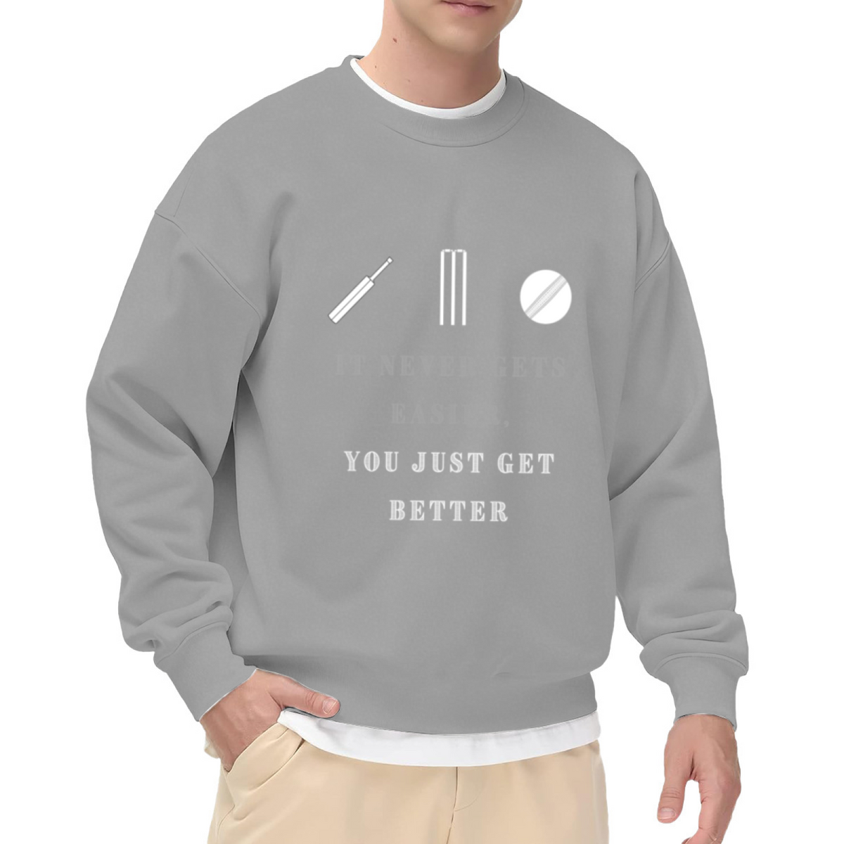 It Never Gets Easier You Just Get Better Cricket Crewneck Sweatshirt | Sports Motivation Pullover, Cricket Bat Ball Graphic Top, Cricket Gift