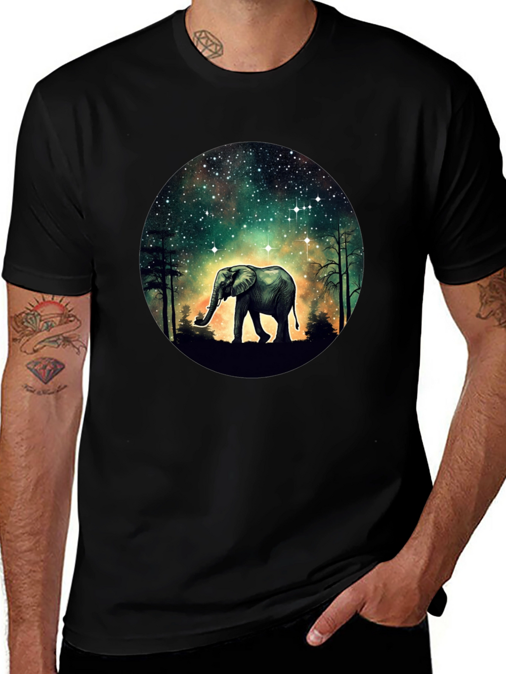 Elephant in Galaxy T-Shirt - Black Cotton Tee