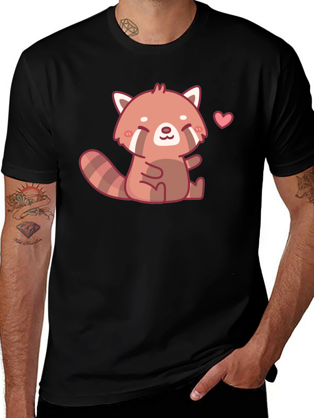 Cute Red Panda Heart Black T-Shirt