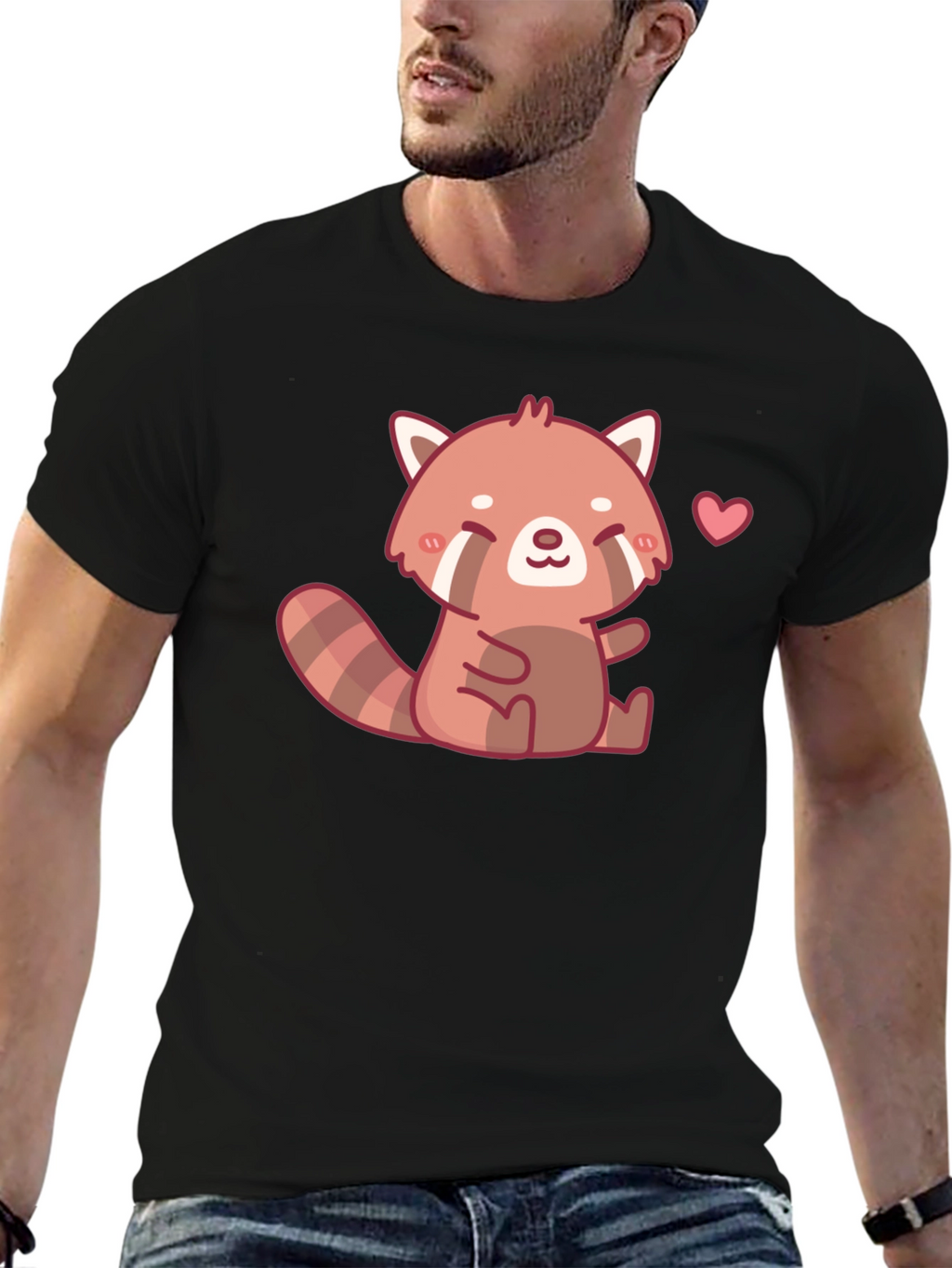 Cute Red Panda Heart Black T-Shirt
