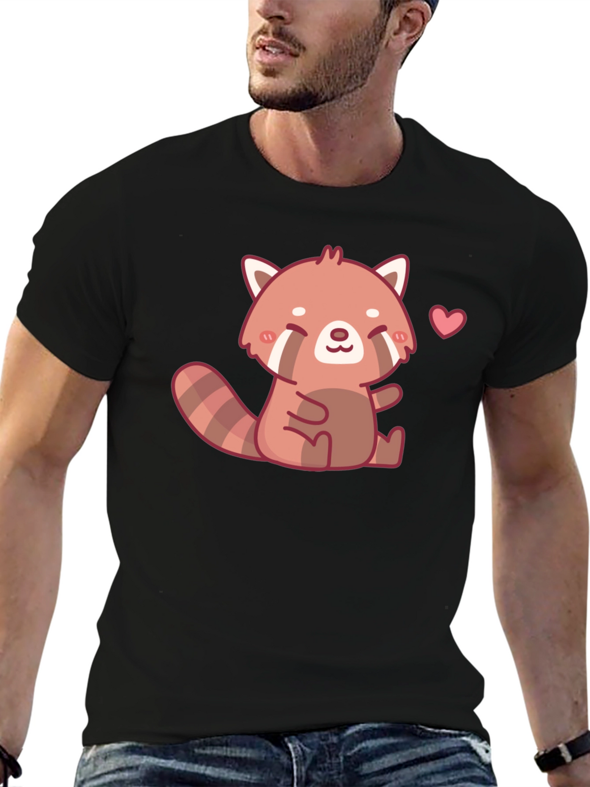 Cute Red Panda Heart Black T-Shirt