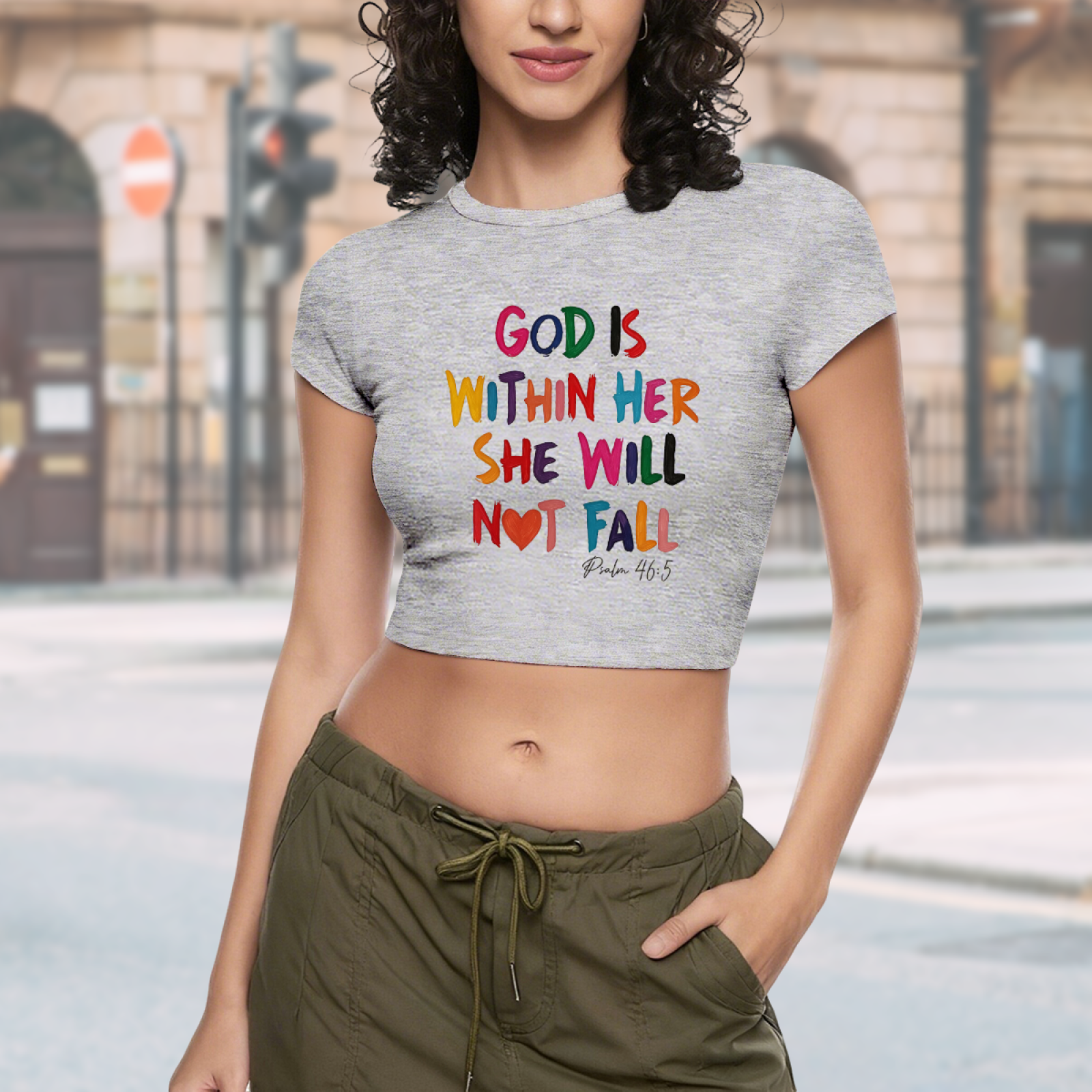 God Is Within Her Colorful Letter Crop Top ¨C Inspirational Faith Women¡¯s Slim Tee