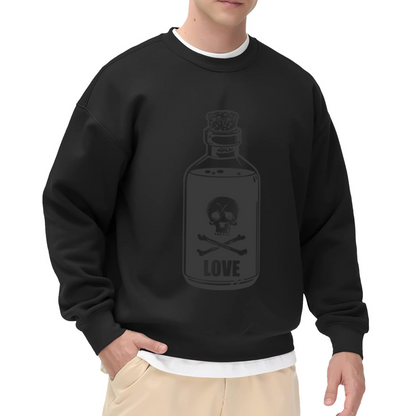 Vintage Poison Bottle Love Sweatshirt | Skull and Crossbones Gothic Graphic Crewneck, Retro Hand-Drawn Potion Pullover Top, Edgy Dark Aesthetic Gift for Women Men