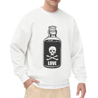Vintage Poison Bottle Love Sweatshirt | Skull and Crossbones Gothic Graphic Crewneck, Retro Hand-Drawn Potion Pullover Top, Edgy Dark Aesthetic Gift for Women Men