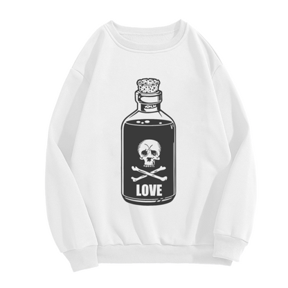 Vintage Poison Bottle Love Sweatshirt | Skull and Crossbones Gothic Graphic Crewneck, Retro Hand-Drawn Potion Pullover Top, Edgy Dark Aesthetic Gift for Women Men