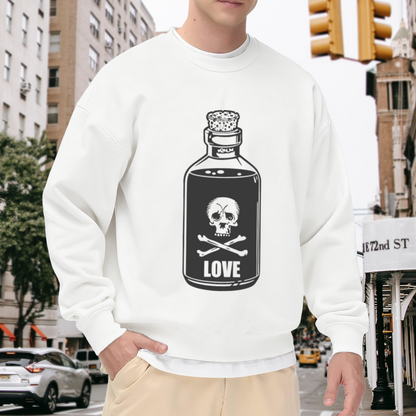 Vintage Poison Bottle Love Sweatshirt | Skull and Crossbones Gothic Graphic Crewneck, Retro Hand-Drawn Potion Pullover Top, Edgy Dark Aesthetic Gift for Women Men