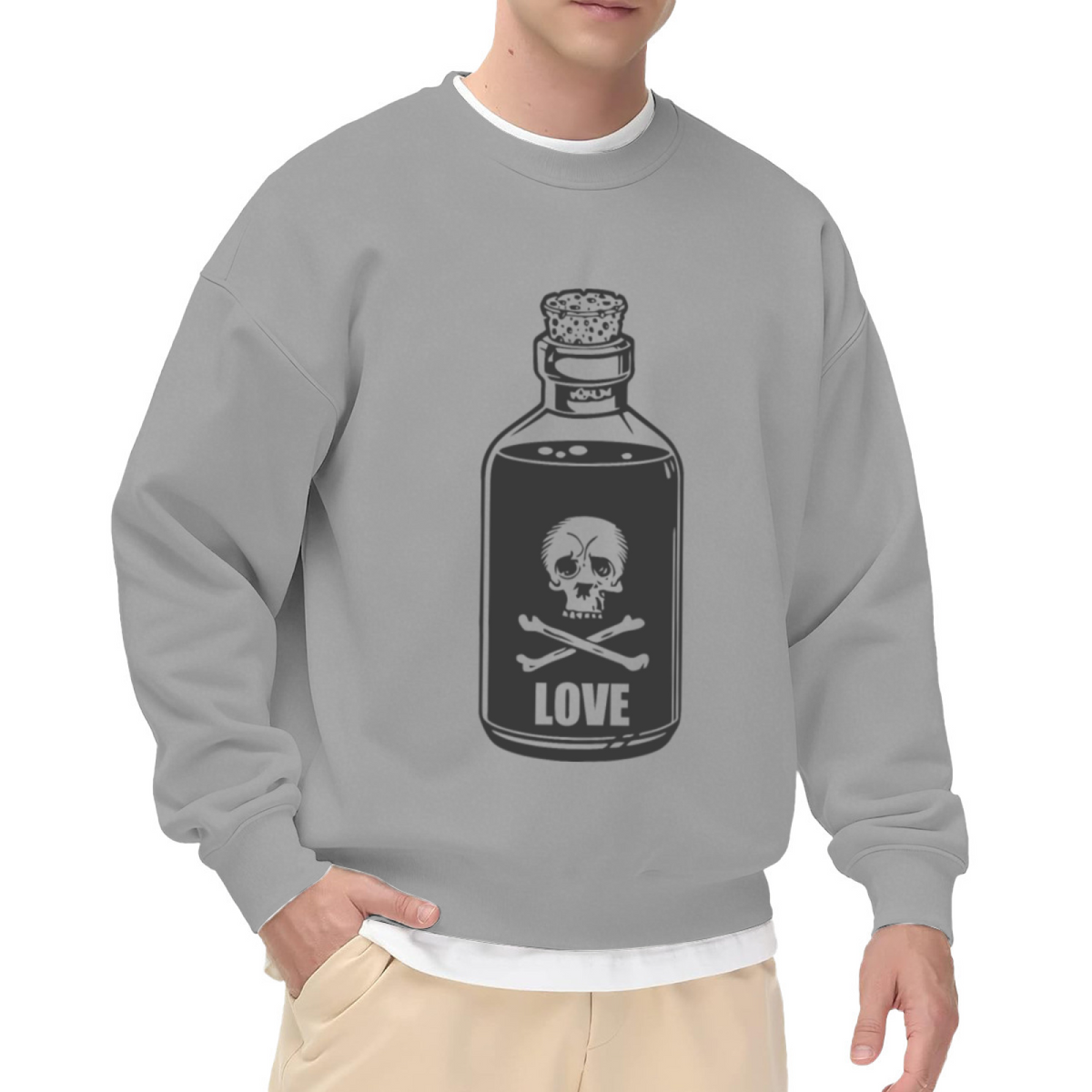 Vintage Poison Bottle Love Sweatshirt | Skull and Crossbones Gothic Graphic Crewneck, Retro Hand-Drawn Potion Pullover Top, Edgy Dark Aesthetic Gift for Women Men