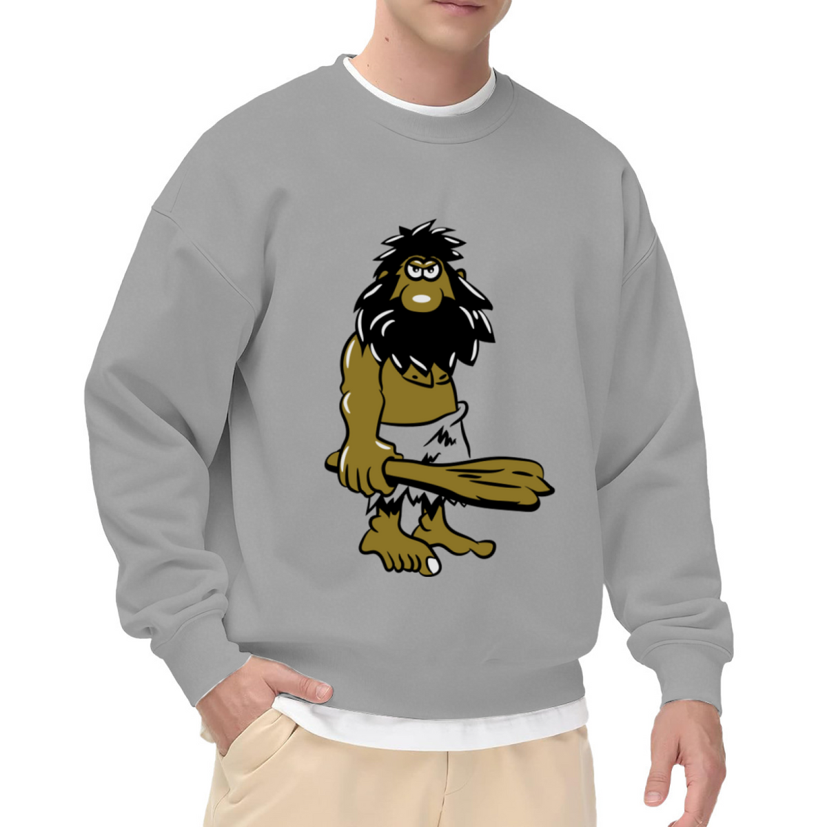 Cartoon Caveman Sweatshirt | Funny Prehistoric Caveman Graphic Crewneck, Hand-Drawn Wild Man Pullover Top, Humor Gift for Men Women