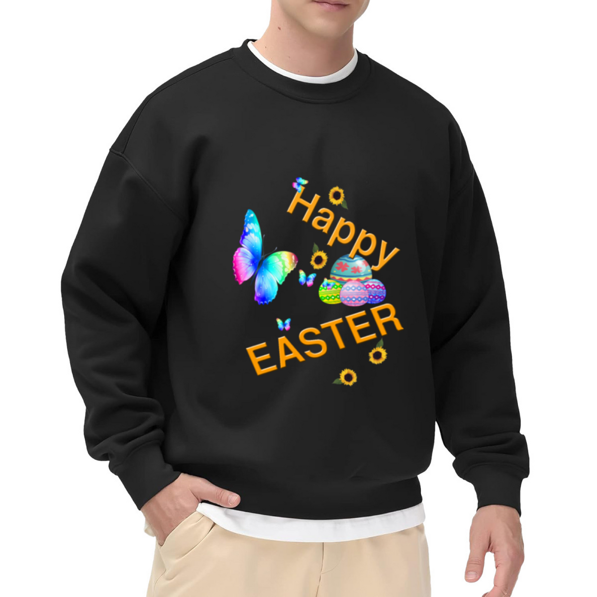 Happy Easter Butterfly Sweatshirt | Watercolor Easter Eggs Sunflower Graphic Crewneck, Spring Holiday Pullover Top, Easter Gift for Women Men