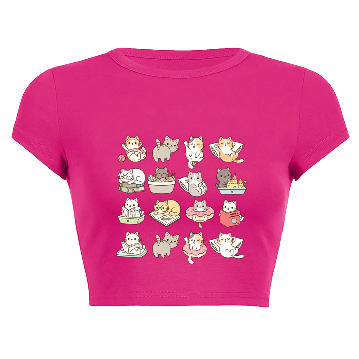 Grid Cute Playful Kittens Coquette Pink Slim Crop Shirt