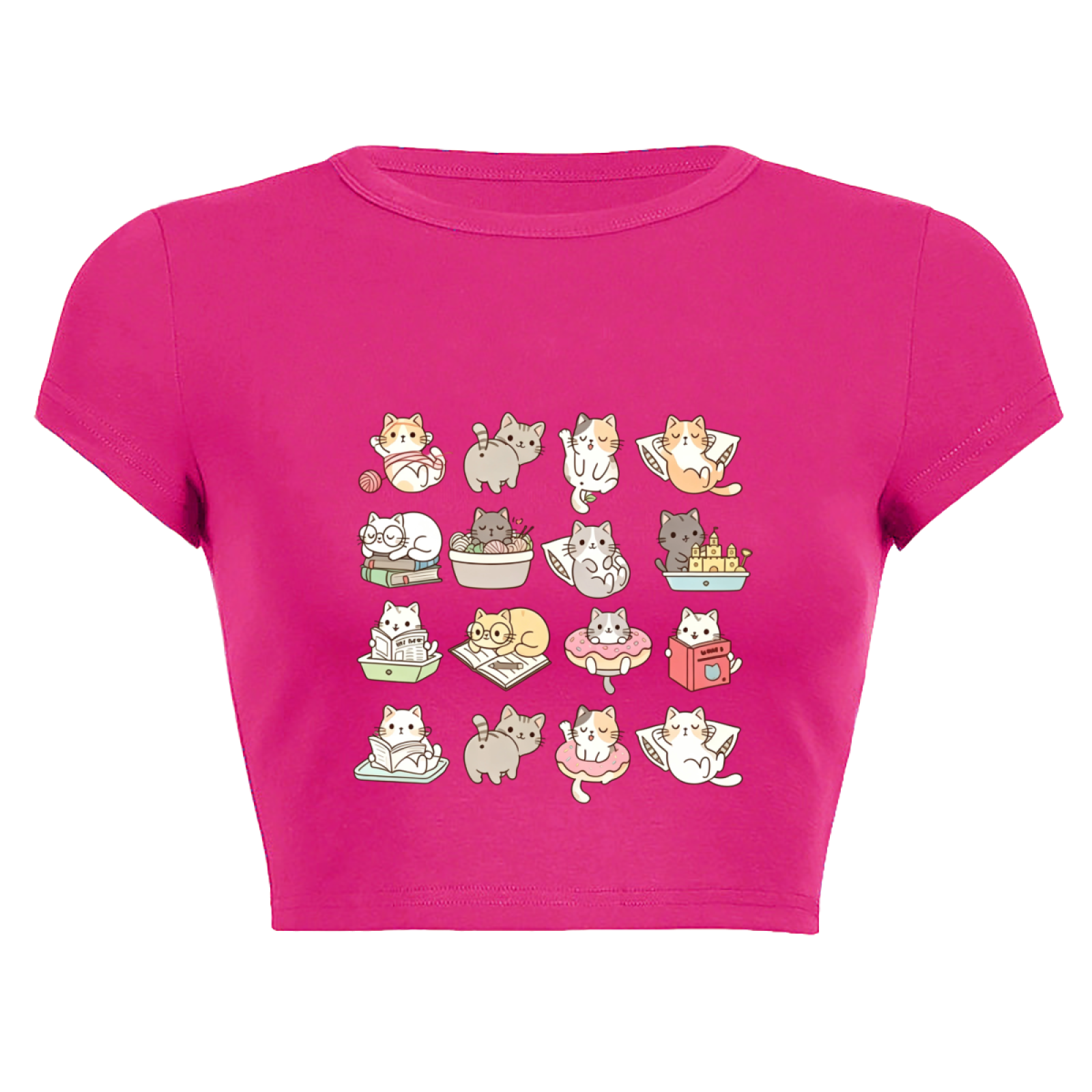 Grid Cute Playful Kittens Coquette Pink Slim Crop Shirt