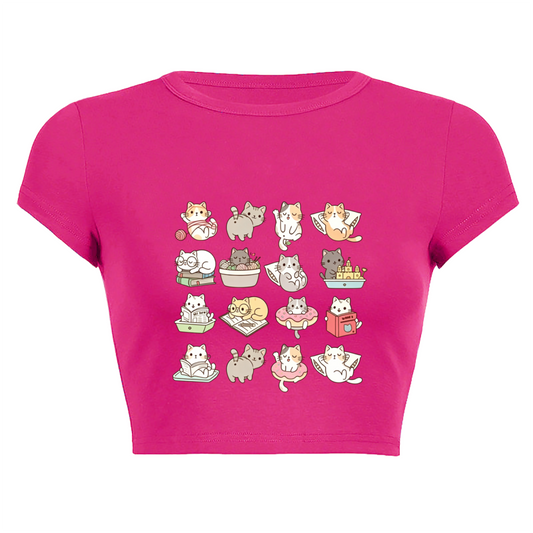 Grid Cute Playful Kittens Coquette Pink Slim Crop Shirt