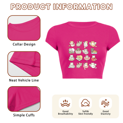 Grid Cute Playful Kittens Coquette Pink Slim Crop Shirt