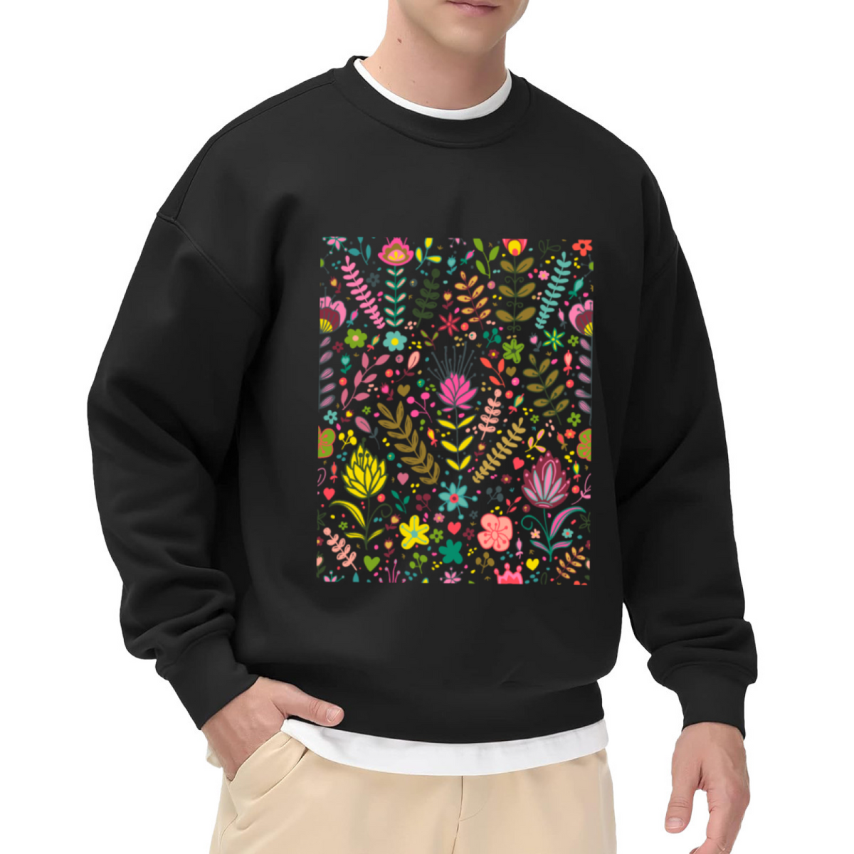 Colorful Folk Floral Bloom Pattern Crewneck Sweatshirt - Vibrant Floral Botanical Print