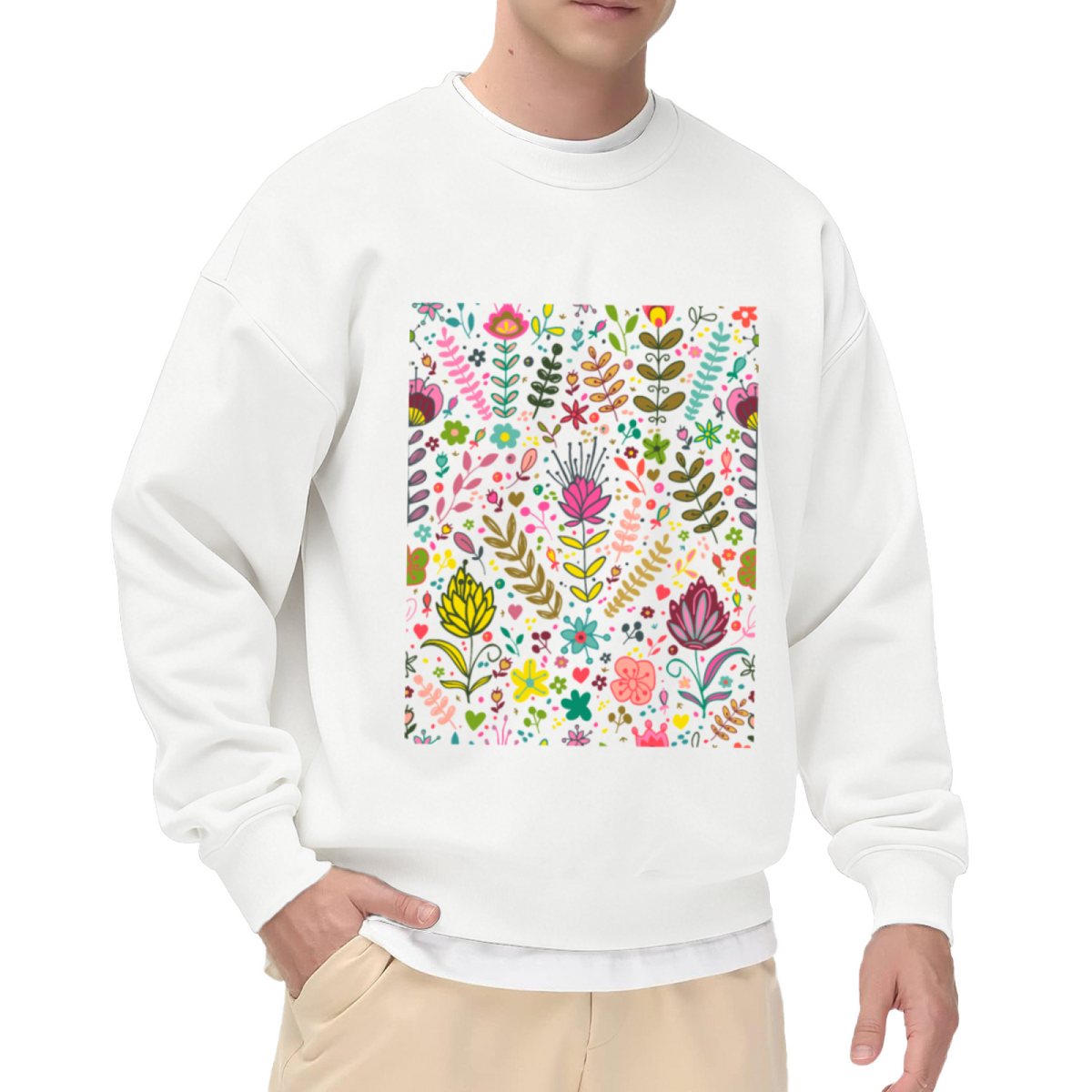 Colorful Folk Floral Bloom Pattern Crewneck Sweatshirt - Vibrant Floral Botanical Print