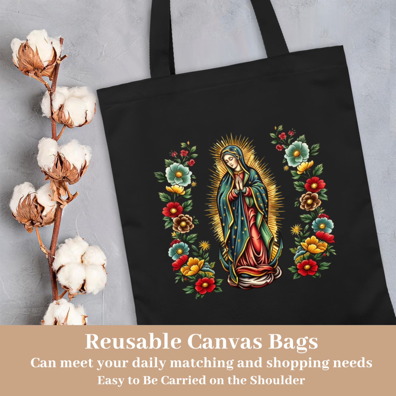 Floral Mosque Print Canvas Tote | Minimal Muslim Lightweight Carry Handbag