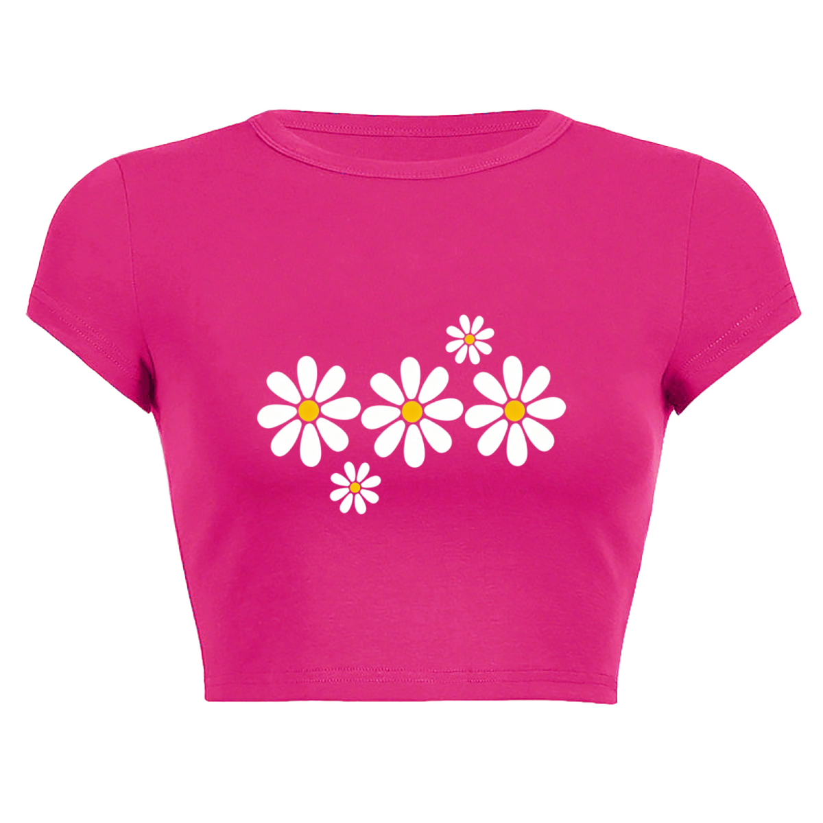 White Daisy Floral Hot Pink Crop Top ¨C Fresh Cottagecore Summer Baby Tee 11.