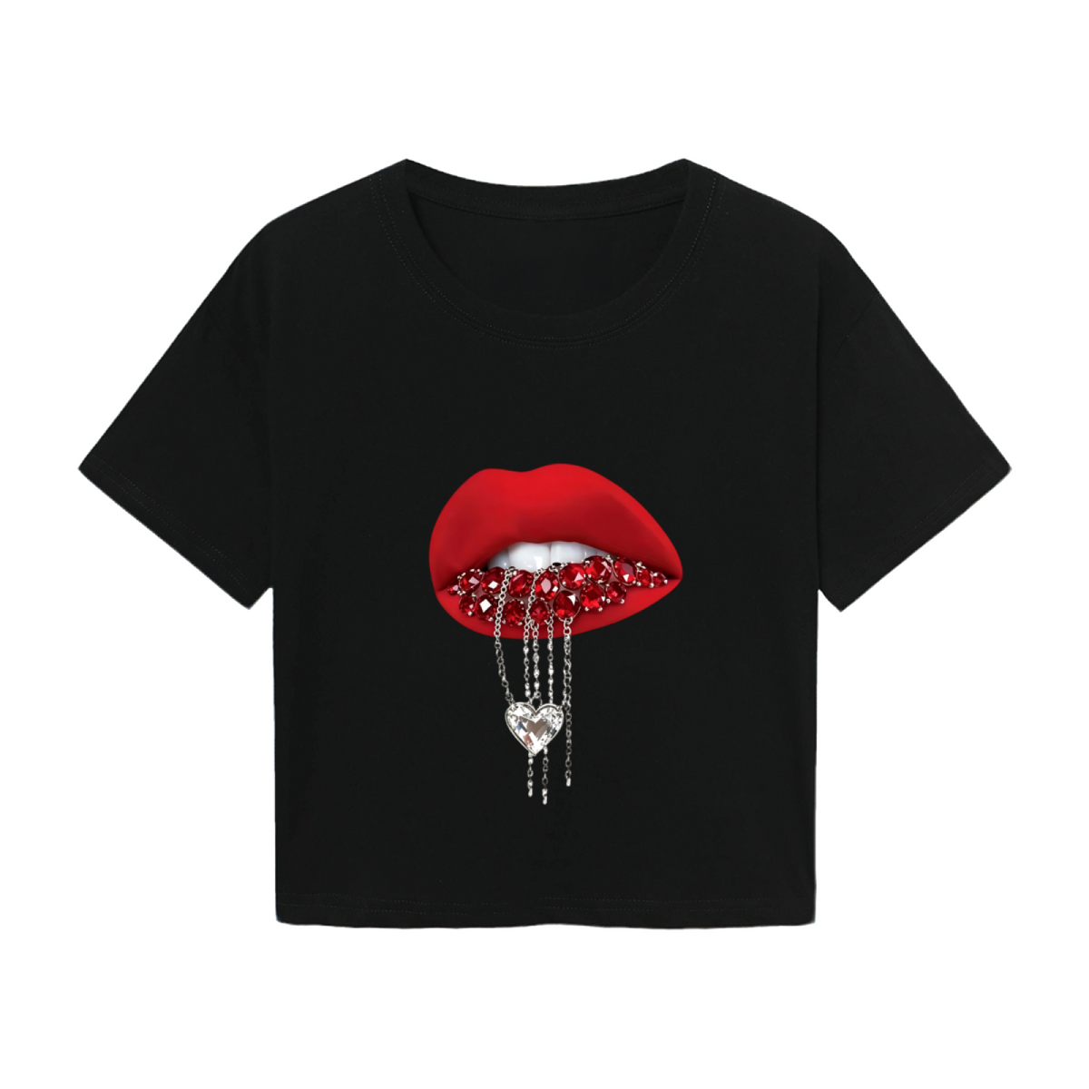 Rhinestone Heart Drip Red Lips Black Crop Top ¨C Edgy Glam Y2K Lip Tee