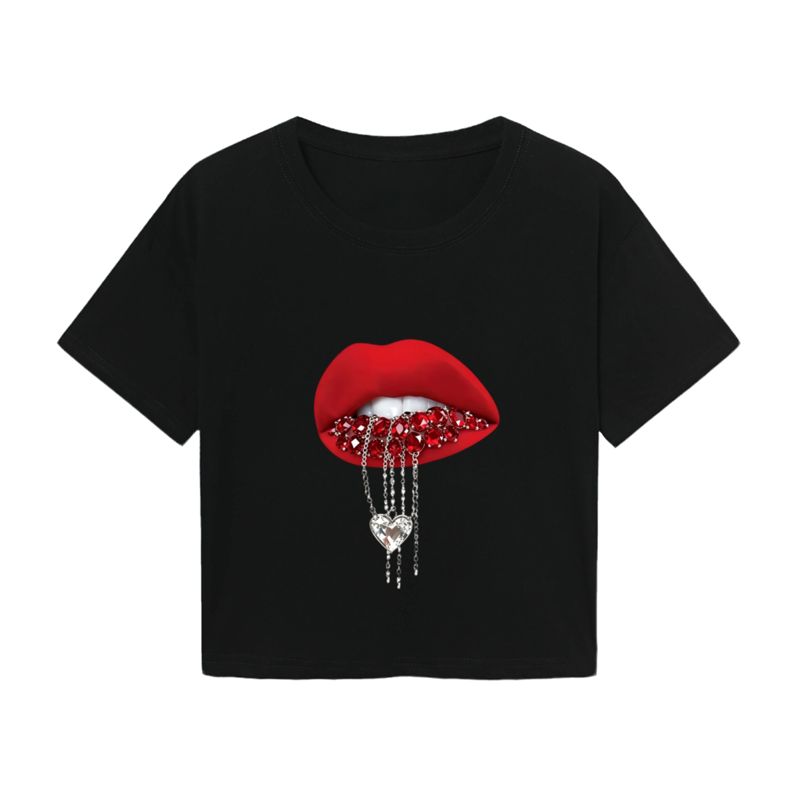 Rhinestone Heart Drip Red Lips Black Crop Top ¨C Edgy Glam Y2K Lip Tee