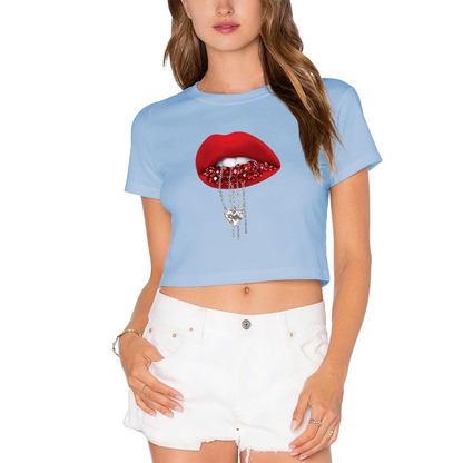 Rhinestone Heart Drip Red Lips Black Crop Top ¨C Edgy Glam Y2K Lip Tee