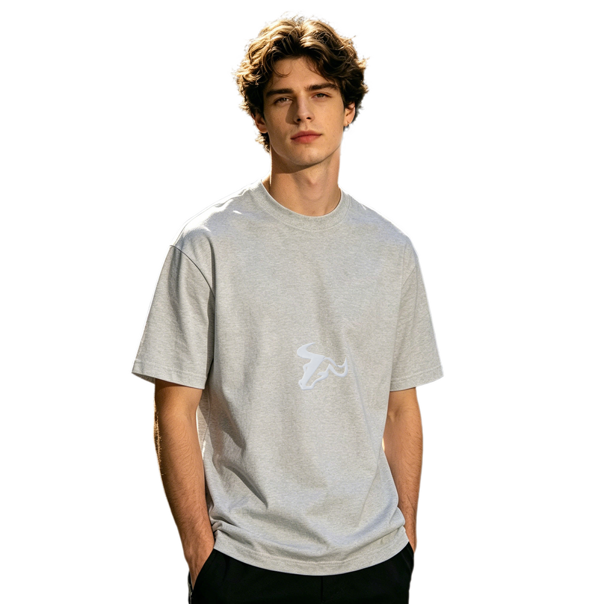 Men's Minimal Single Bull Head Sport Logo Casual Short Sleeve Tee