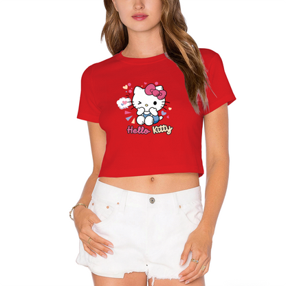 Lovely Blushing Wink Hello Kitty Heart Theme Pink Crop Tee