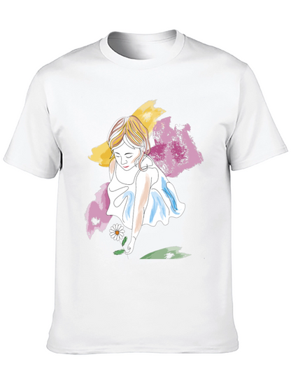 Girl with Daisy T-Shirt - Artistic Graphic Tee