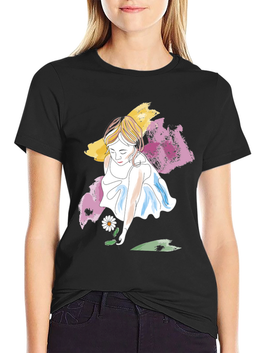 Girl with Daisy T-Shirt - Artistic Graphic Tee