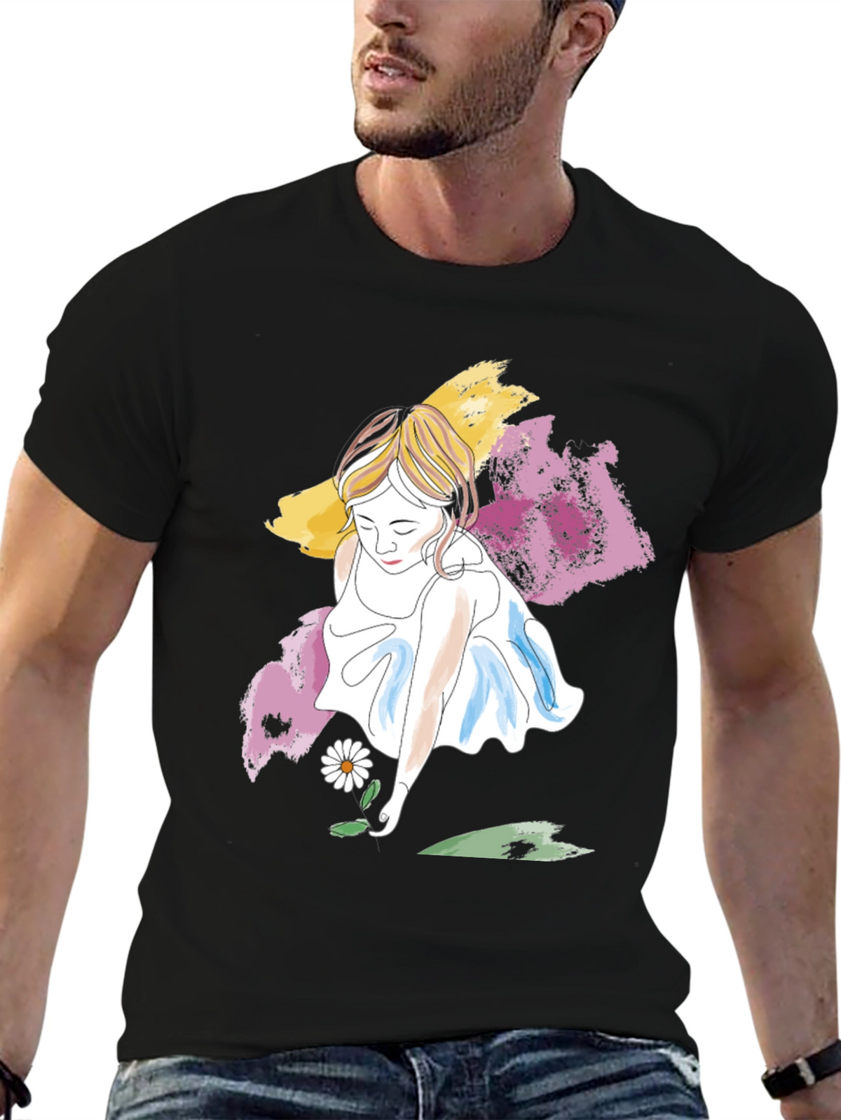 Girl with Daisy T-Shirt - Artistic Graphic Tee