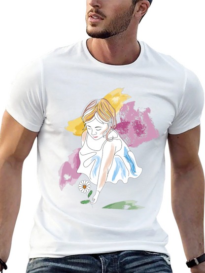 Girl with Daisy T-Shirt - Artistic Graphic Tee