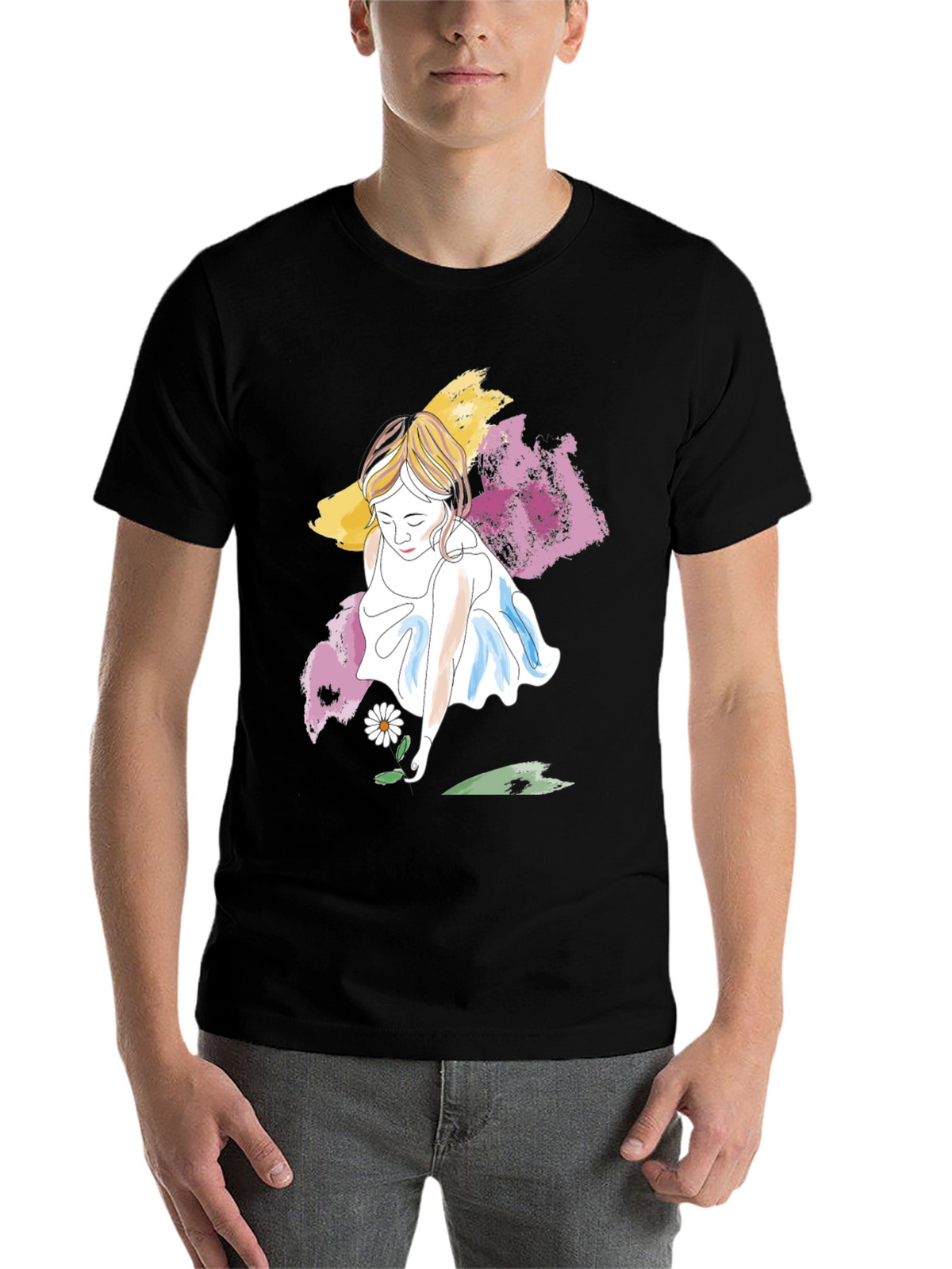 Girl with Daisy T-Shirt - Artistic Graphic Tee