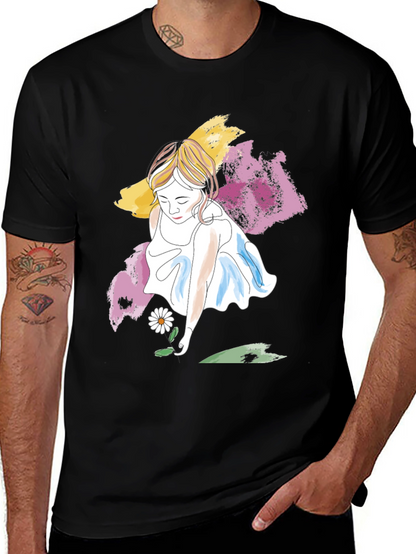 Girl with Daisy T-Shirt - Artistic Graphic Tee