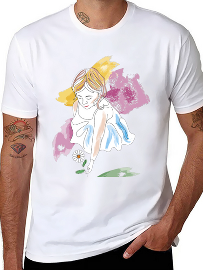 Girl with Daisy T-Shirt - Artistic Graphic Tee