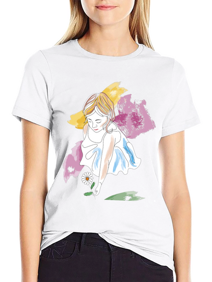 Girl with Daisy T-Shirt - Artistic Graphic Tee